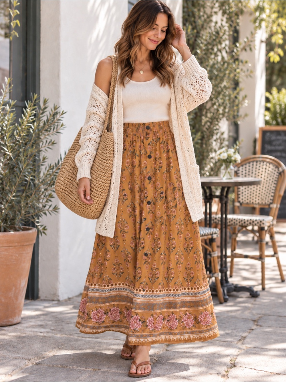 Xhilaration Boho Floral Button-Front Maxi Skirt Medium